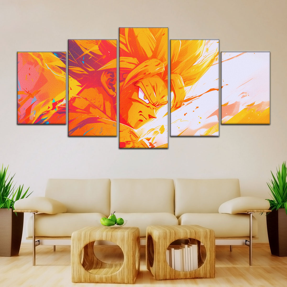 Dragon Ball Z Super Saiyan Goku Canvas Wall Art - 5 Piece Split Panel Anime Poster - Framed Ready to Hang Living Room Man Cave Decor - DR5040
