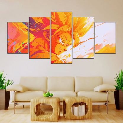 Dragon Ball Z Super Saiyan Goku Canvas Wall Art - 5 Piece Split Panel Anime Poster - Framed Ready to Hang Living Room Man Cave Decor - DR5040