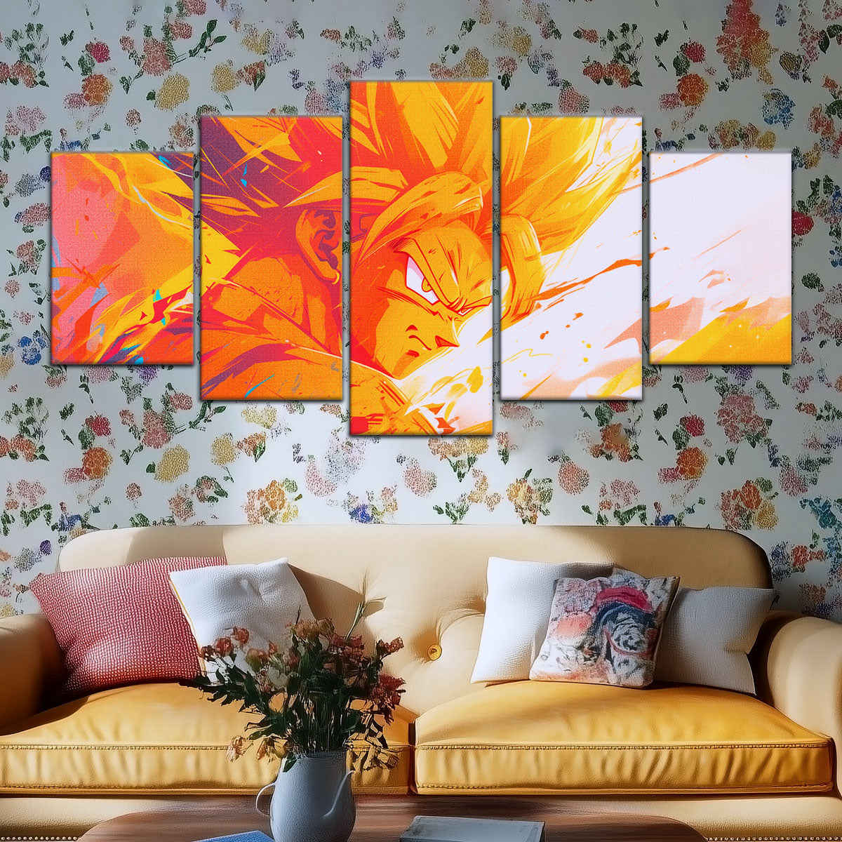 Dragon Ball Z Super Saiyan Goku Canvas Wall Art - 5 Piece Split Panel Anime Poster - Framed Ready to Hang Living Room Man Cave Decor - DR5040