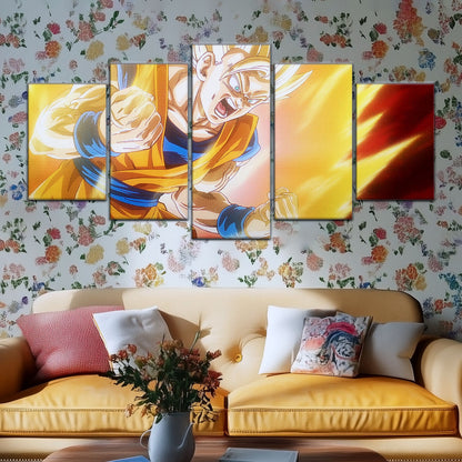 Dragon Ball Z Super Saiyan Goku Canvas Wall Art - 5 Piece Split Panel Anime Poster - Framed Ready to Hang Living Room Man Cave Decor - DR5043