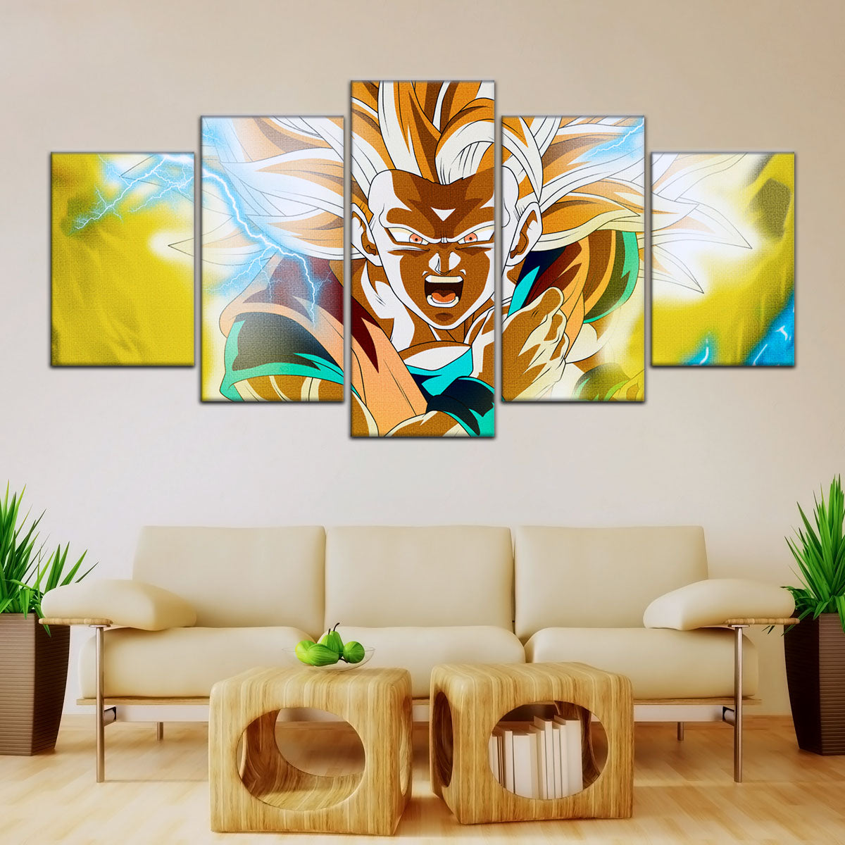 Dragon Ball Z Super Saiyan Goku Canvas Wall Art - 5 Piece Split Panel Anime Poster - Framed Ready to Hang Living Room Man Cave Decor - DR5046