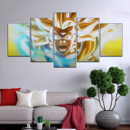 Dragon Ball Z Super Saiyan Goku Canvas Wall Art - 5 Piece Split Panel Anime Poster - Framed Ready to Hang Living Room Man Cave Decor - DR5071
