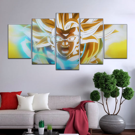 Dragon Ball Z Super Saiyan Goku Canvas Wall Art - 5 Piece Split Panel Anime Poster - Framed Ready to Hang Living Room Man Cave Decor - DR5071