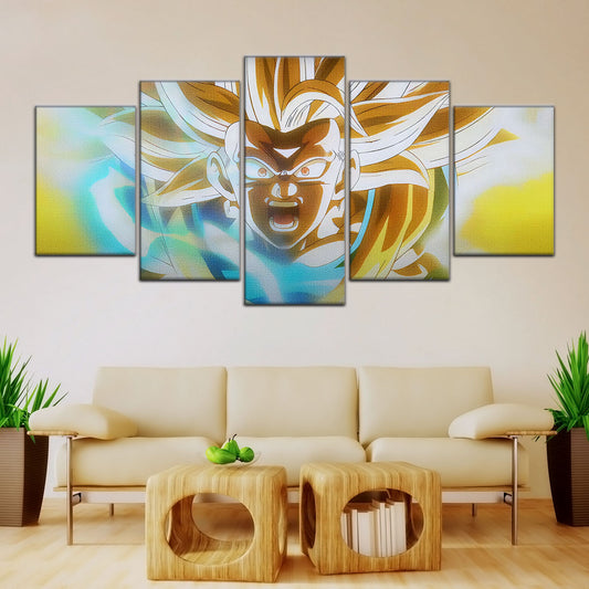 Dragon Ball Z Super Saiyan Goku Canvas Wall Art - 5 Piece Split Panel Anime Poster - Framed Ready to Hang Living Room Man Cave Decor - DR5071