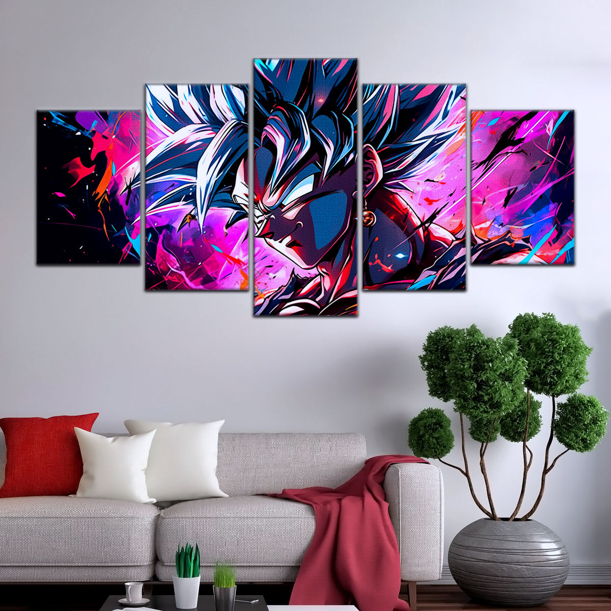 Dragon Ball Z Super Saiyan Vegito Canvas Wall Art - 5 Piece Split Panel Anime Poster - Framed Ready to Hang Living Room Man Cave Decor - DR5128