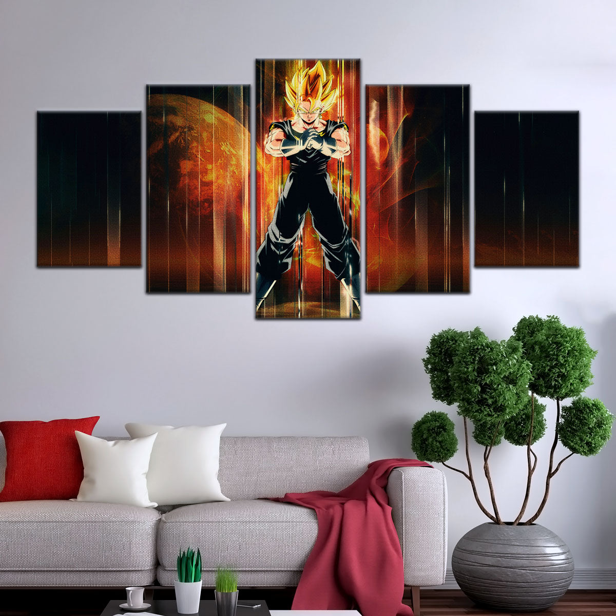 Dragon Ball Z Super Saiyan Vegito Canvas Wall Art - 5 Piece Split Panel Anime Poster - Framed Ready to Hang Living Room Man Cave Decor - DR5129