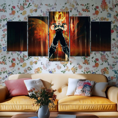 Dragon Ball Z Super Saiyan Vegito Canvas Wall Art - 5 Piece Split Panel Anime Poster - Framed Ready to Hang Living Room Man Cave Decor - DR5129