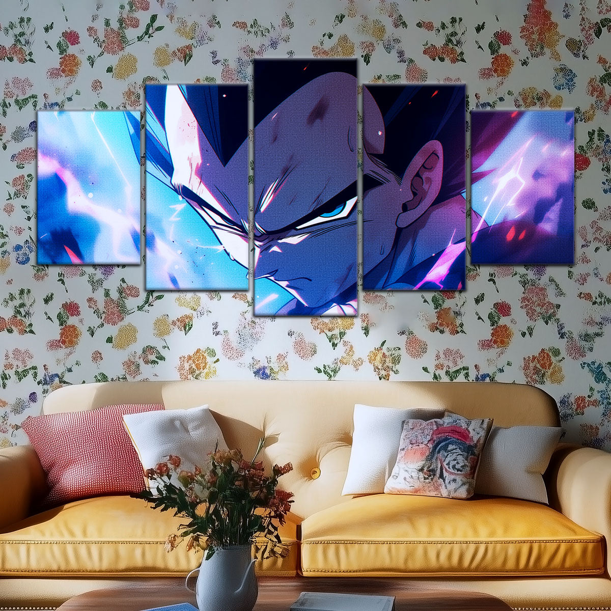 Dragon Ball Z Vegeta Canvas Wall Art - 5 Piece Split Panel Anime Poster - Framed Ready to Hang Living Room Man Cave Decor - DR5086