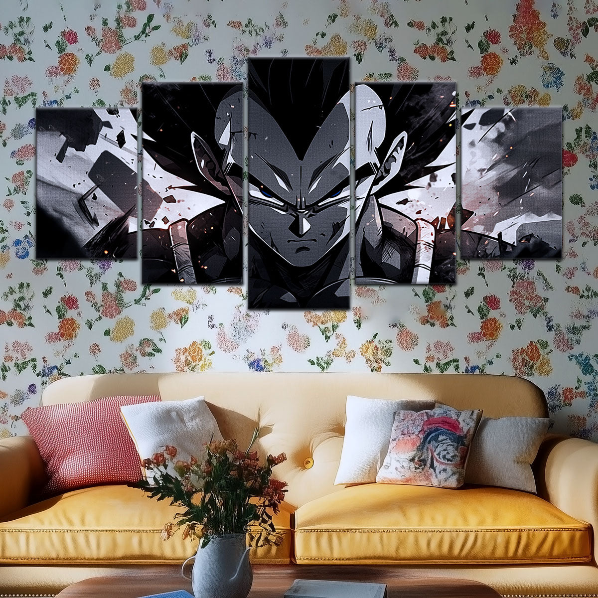 Dragon Ball Z Vegeta Canvas Wall Art - 5 Piece Split Panel Anime Poster - Framed Ready to Hang Living Room Man Cave Decor - DR5115