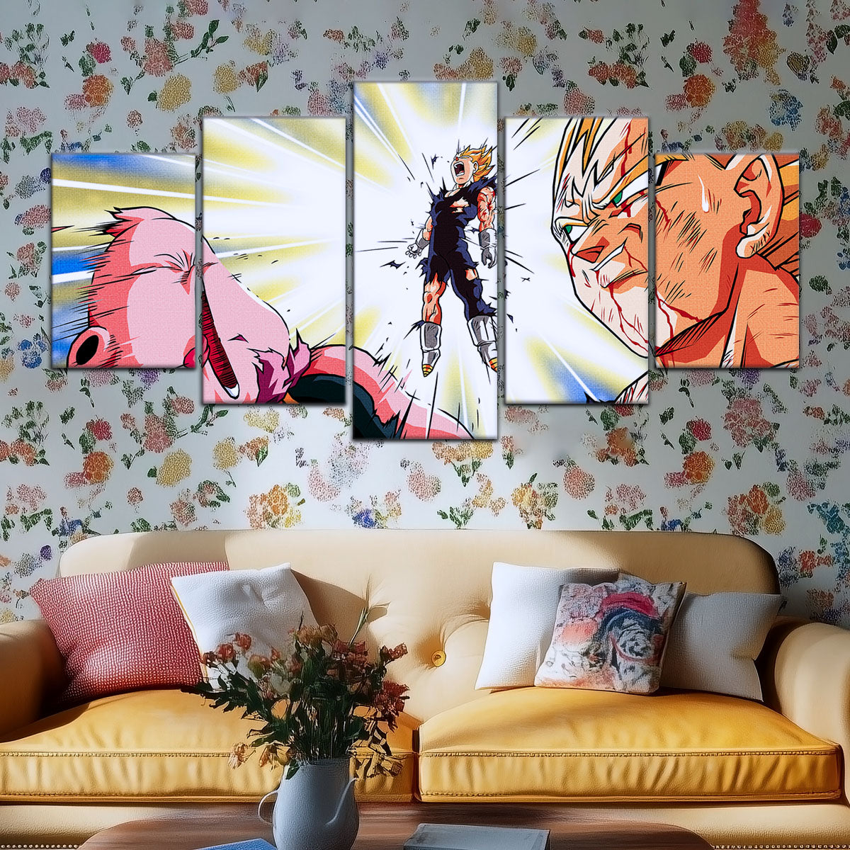 Dragon Ball Z Vegeta Final Explosion Canvas Wall Art - 5 Piece Split Panel Anime Poster - Framed Ready to Hang Living Room Man Cave Decor - DR5127