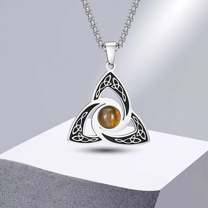 Viking - Ethnic Celtic Knot Necklaces for Men, Stainless Steel Tiger Eye Stone Charm Choker Collar