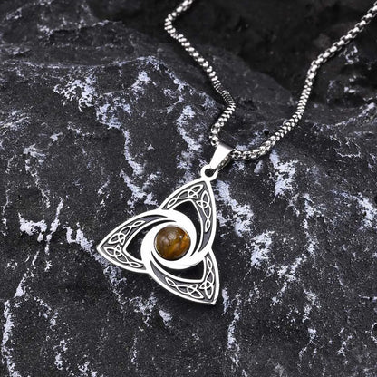 Viking - Ethnic Celtic Knot Necklaces for Men, Stainless Steel Tiger Eye Stone Charm Choker Collar