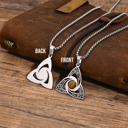 Viking - Ethnic Celtic Knot Necklaces for Men, Stainless Steel Tiger Eye Stone Charm Choker Collar