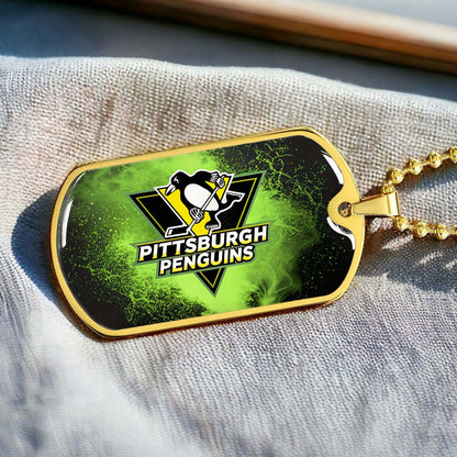 Ice Hockey - HKD011 - Pittsburgh Penguins - Neon Ice Emblem - Ice Hockey Dog Tag - Military Ball Chain - Luxury Dog Tag