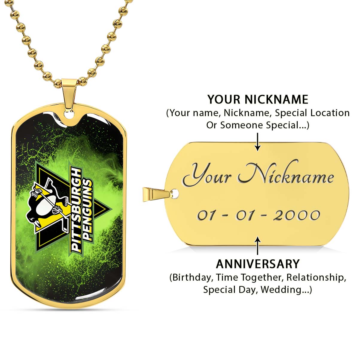 Ice Hockey - HKD011 - Pittsburgh Penguins - Neon Ice Emblem - Ice Hockey Dog Tag - Military Ball Chain - Luxury Dog Tag