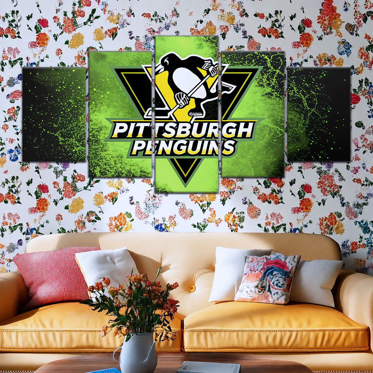 Hockey Canvas Wall Art - IH5034 - Pittsburgh Penguins - Neon Ice Emblem