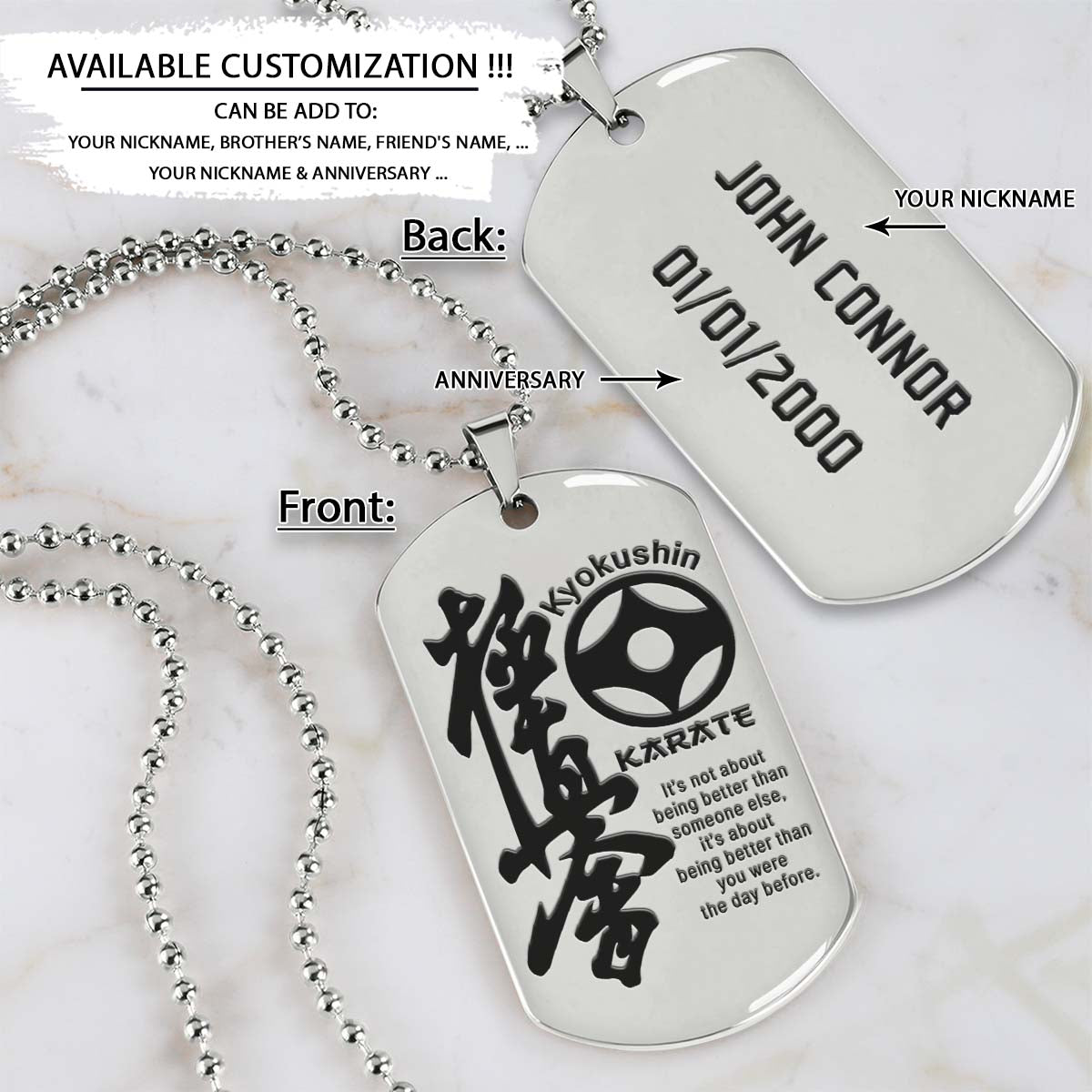 karate dog tag - it’s about being better than you were the day before - kyokushin karate - karate necklace - engrave dog tag