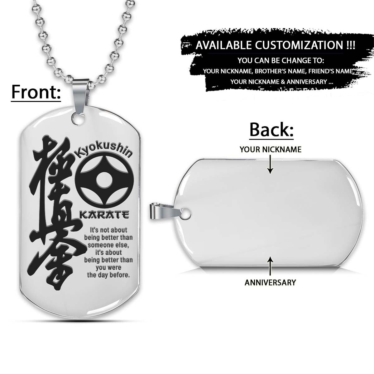 karate dog tag - it’s about being better than you were the day before - kyokushin karate - karate necklace - engrave dog tag