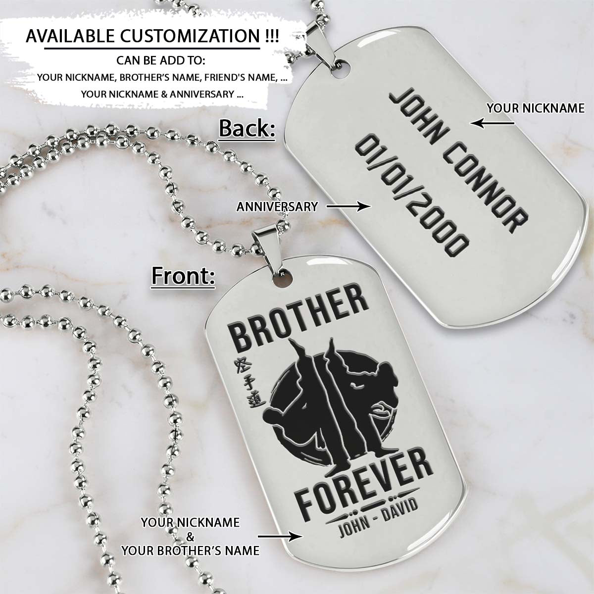 karate dog tag - brother forever - karatedo - shotokan - kyokushin - goju-ryu - uechi-ryu - wado-ryu - shito-ryu - karate necklace - engrave dog tag