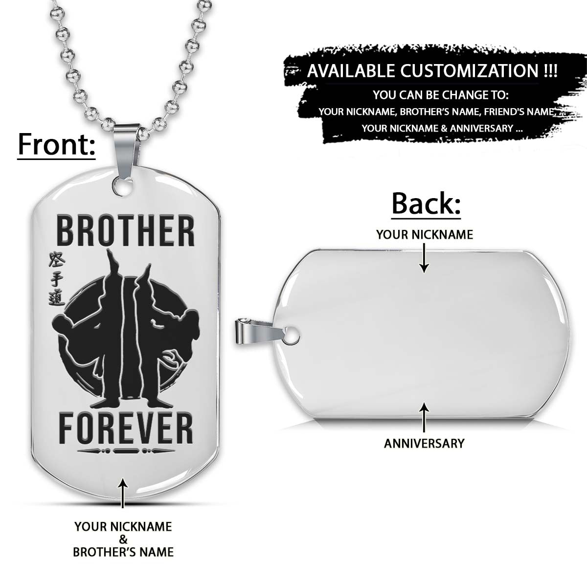 karate dog tag - brother forever - karatedo - shotokan - kyokushin - goju-ryu - uechi-ryu - wado-ryu - shito-ryu - karate necklace - engrave dog tag