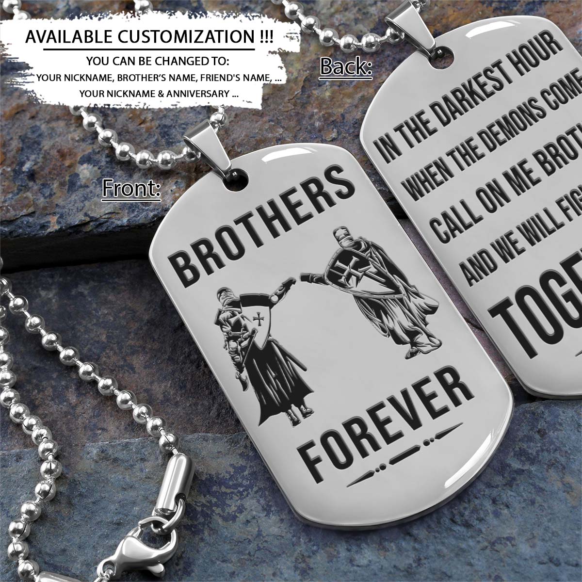 knight templar dog tag - brothers forever - call on me brother - crusades - chivalry - religious zeal - templar wealth - mysterious legacy - knight templar necklace - engrave dog tag