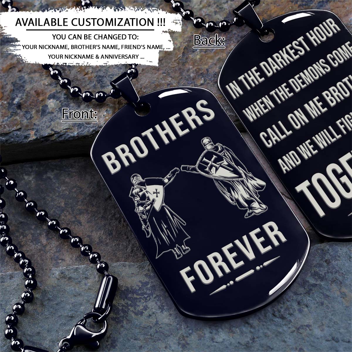 knight templar dog tag - brothers forever - call on me brother - crusades - chivalry - religious zeal - templar wealth - mysterious legacy - knight templar necklace - engrave dog tag