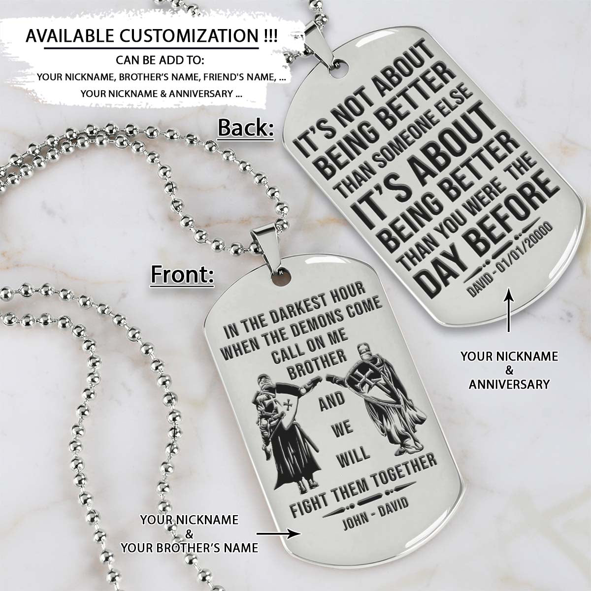 knight templar dog tag - call on me brother - it's about being better than you were the day before - crusades - chivalry - religious zeal - templar wealth - mysterious legacy - knight templar necklace - engrave dog tag