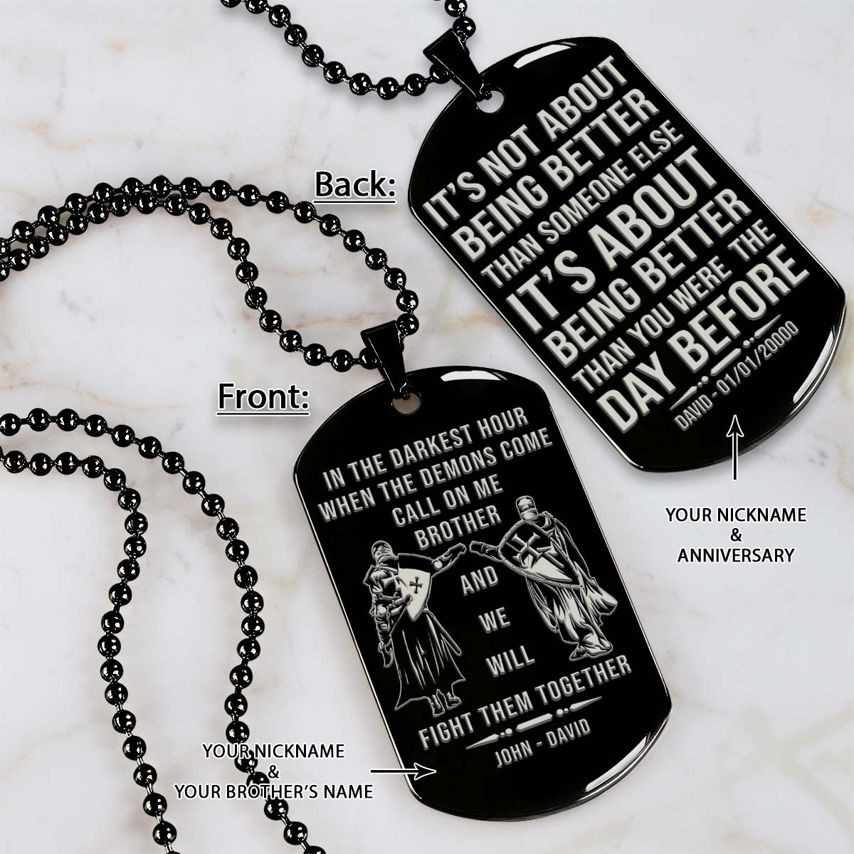 knight templar dog tag - call on me brother - it's about being better than you were the day before - crusades - chivalry - religious zeal - templar wealth - mysterious legacy - knight templar necklace - engrave dog tag