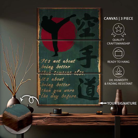 Karate - 3 Piece Wall Art - KA044 - It's About Being Better Than You Were The Day Before - Karate Kanji - Karate Canvas