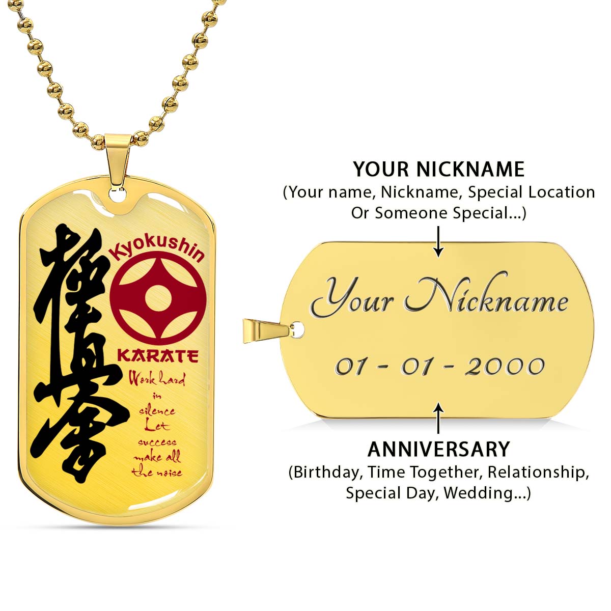 Karate - KADL004 - Work Hard In Silence Let Success Make All The Noise - Kyokushin Karate - Karate Dog Tag - Military Ball Chain - Luxury Dog Tag