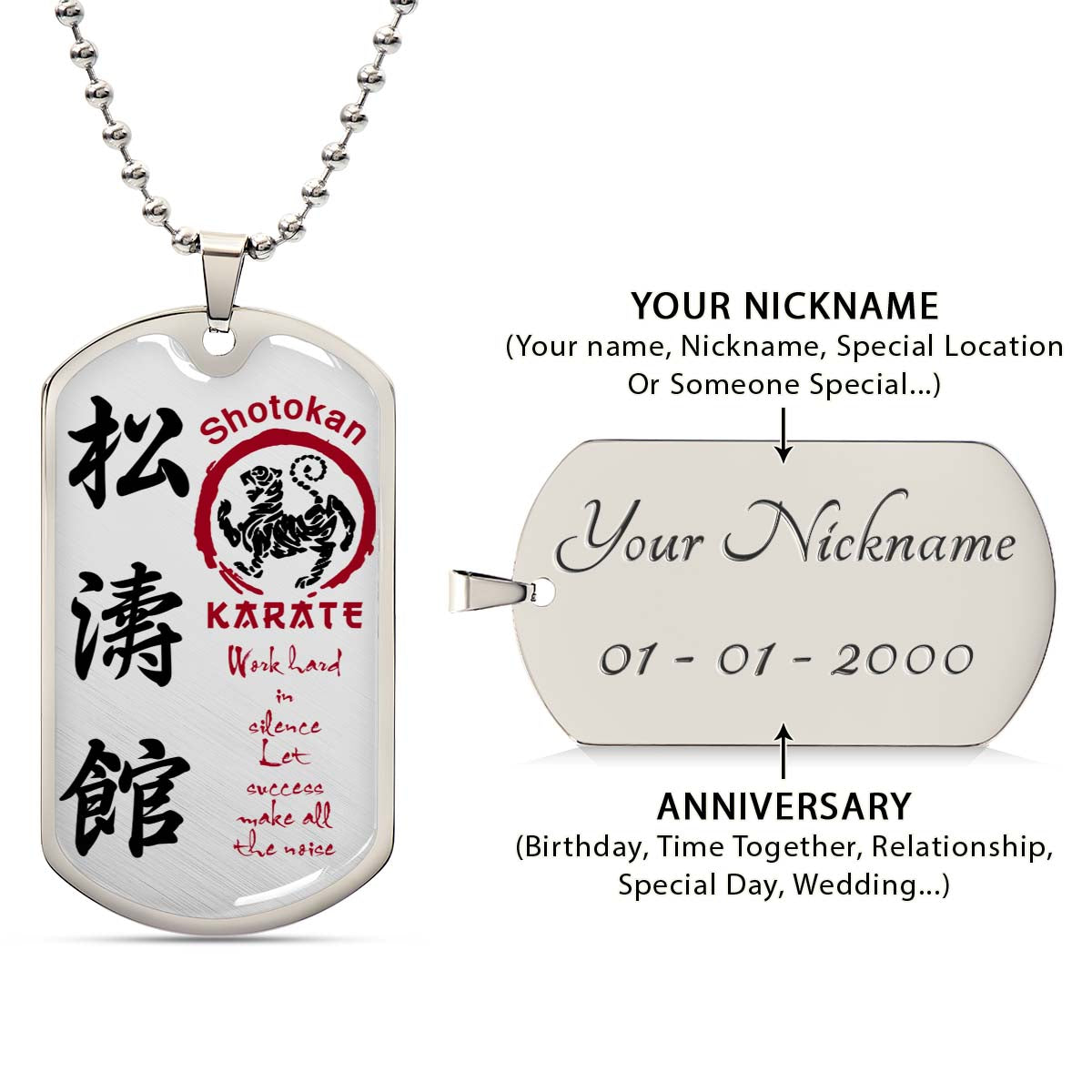 Karate - KADL005 - Work Hard In Silence Let Success Make All The Noise - Shotokan Karate - Karate Dog Tag - Military Ball Chain - Luxury Dog Tag