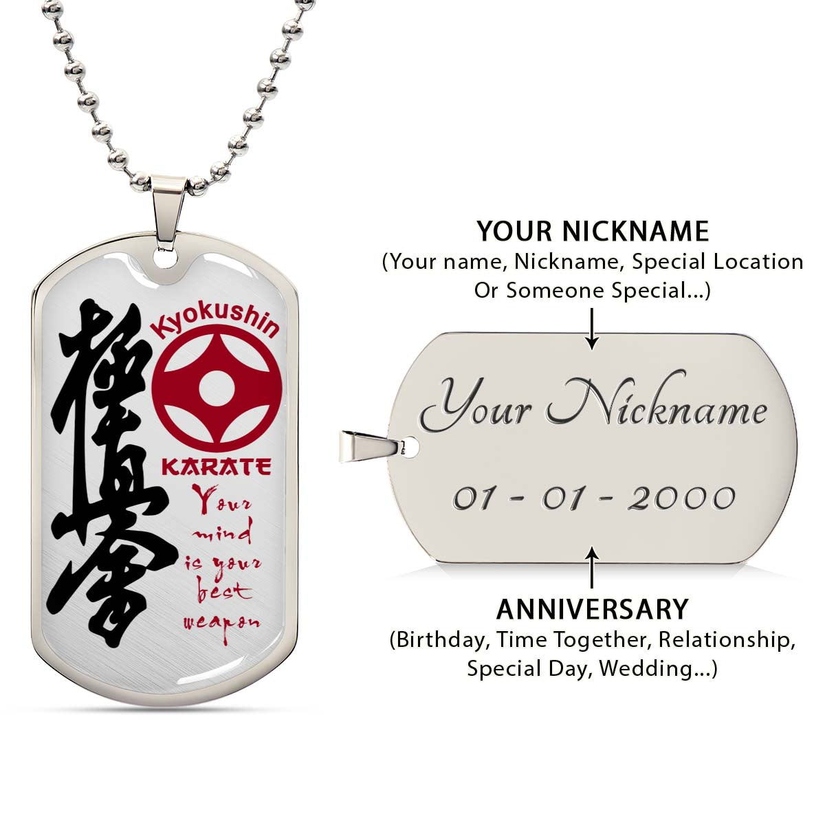 Karate - KADL006 - Your Mind Is Your Best Weapon - Kyokushin Karate - Karate Dog Tag - Military Ball Chain - Luxury Dog Tag