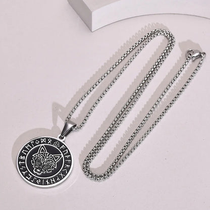 Viking - Men Viking Wolf Necklace, Stainless Steel Viking Compass Rune Almut Animal Pendant with Box Chain, Punk Rock Boy Collar