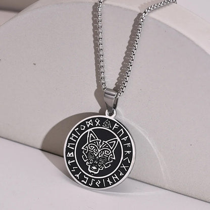 Viking - Men Viking Wolf Necklace, Stainless Steel Viking Compass Rune Almut Animal Pendant with Box Chain, Punk Rock Boy Collar