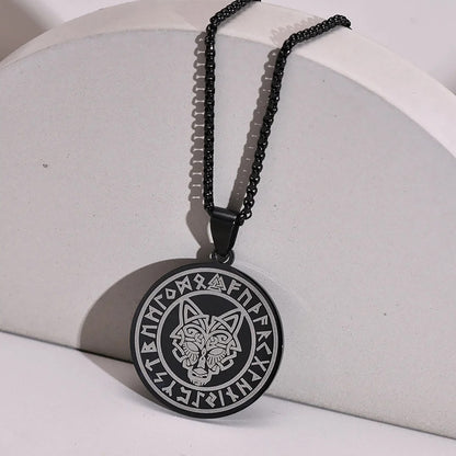 Viking - Men Viking Wolf Necklace, Stainless Steel Viking Compass Rune Almut Animal Pendant with Box Chain, Punk Rock Boy Collar