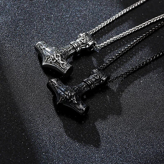 Viking - Men's Vintage Retro Norse Viking Necklaces, Rock Punk Thor Mjolnir Hammer Pendant,Scandinavian Nodic Amulet Rune Jewelry