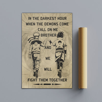 Naruto Uzumaki & Sasuke Uchiha Canvas Wall Art - Call On Me Brother - Brotherhood Quote Poster & Framed Ready to Hang Living Room Man Cave Decor - NA001