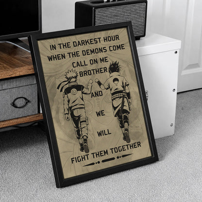 Naruto Uzumaki & Sasuke Uchiha Canvas Wall Art - Call On Me Brother - Brotherhood Quote Poster & Framed Ready to Hang Living Room Man Cave Decor - NA001