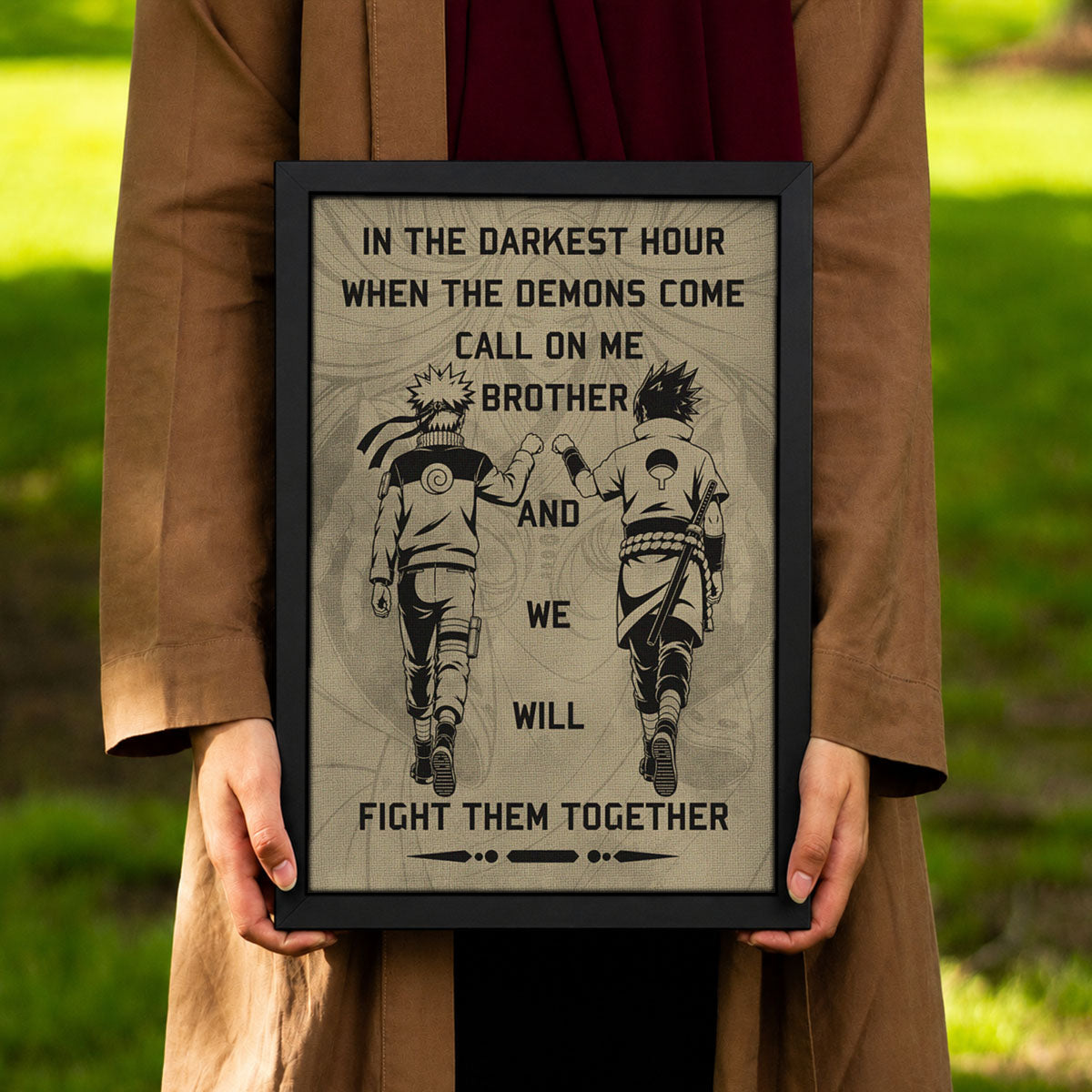 Naruto Uzumaki & Sasuke Uchiha Canvas Wall Art - Call On Me Brother - Brotherhood Quote Poster & Framed Ready to Hang Living Room Man Cave Decor - NA001