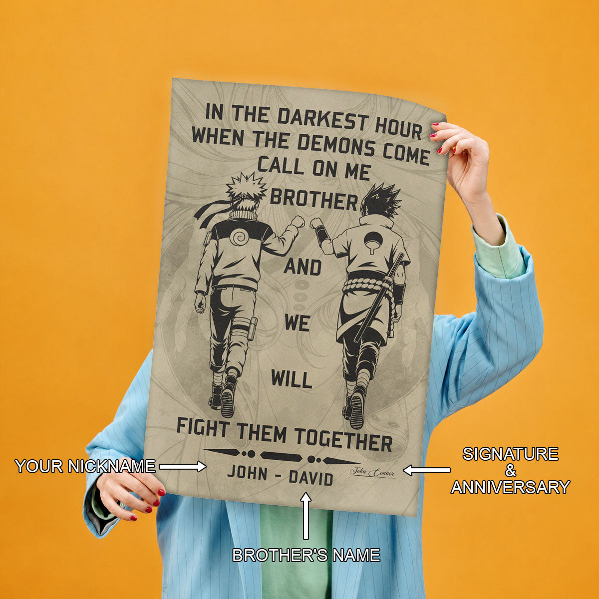 Naruto Uzumaki & Sasuke Uchiha Canvas Wall Art - Call On Me Brother - Brotherhood Quote Poster & Framed Ready to Hang Living Room Man Cave Decor - NA001