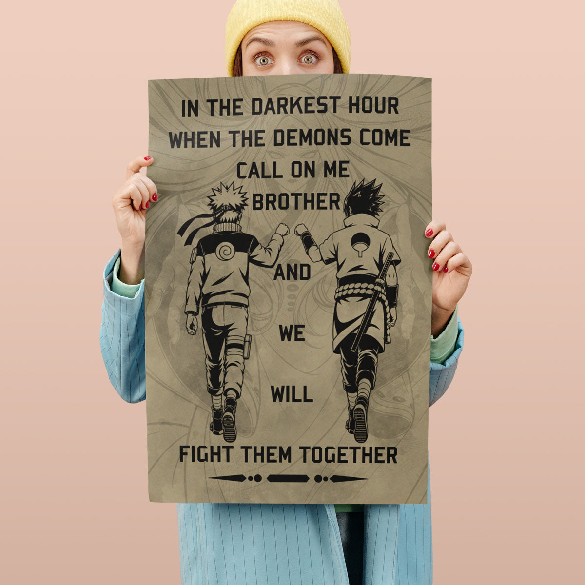 Naruto Uzumaki & Sasuke Uchiha Canvas Wall Art - Call On Me Brother - Brotherhood Quote Poster & Framed Ready to Hang Living Room Man Cave Decor - NA001