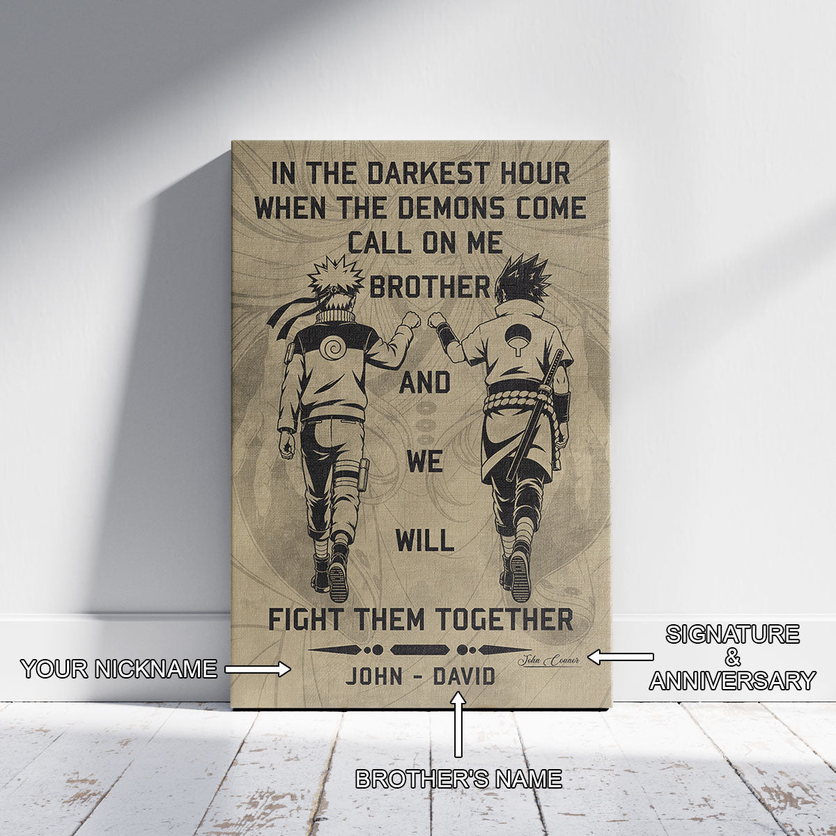 Naruto Uzumaki & Sasuke Uchiha Canvas Wall Art - Call On Me Brother - Brotherhood Quote Poster & Framed Ready to Hang Living Room Man Cave Decor - NA001
