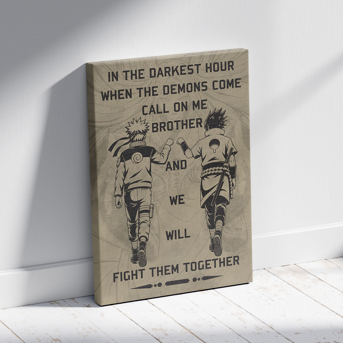 Naruto Uzumaki & Sasuke Uchiha Canvas Wall Art - Call On Me Brother - Brotherhood Quote Poster & Framed Ready to Hang Living Room Man Cave Decor - NA001