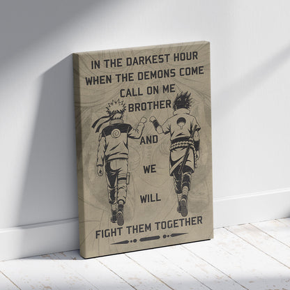 Naruto Uzumaki & Sasuke Uchiha Canvas Wall Art - Call On Me Brother - Brotherhood Quote Poster & Framed Ready to Hang Living Room Man Cave Decor - NA001