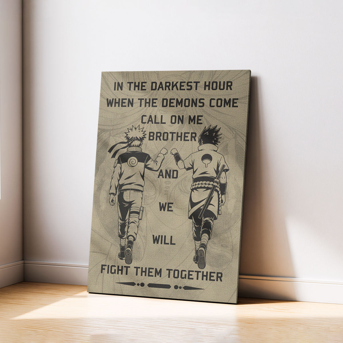 Naruto Uzumaki & Sasuke Uchiha Canvas Wall Art - Call On Me Brother - Brotherhood Quote Poster & Framed Ready to Hang Living Room Man Cave Decor - NA001