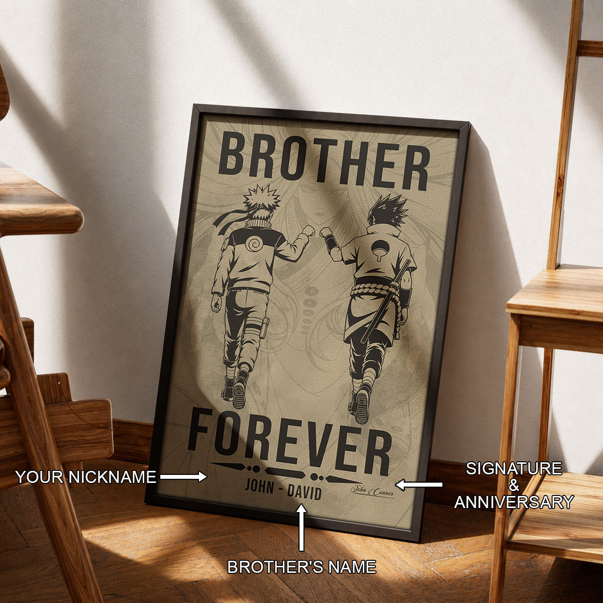 Naruto Uzumaki & Sasuke Uchiha Canvas Wall Art - Brother Forever - Brotherhood Quote Poster & Framed Ready to Hang Living Room Man Cave Decor - NA003