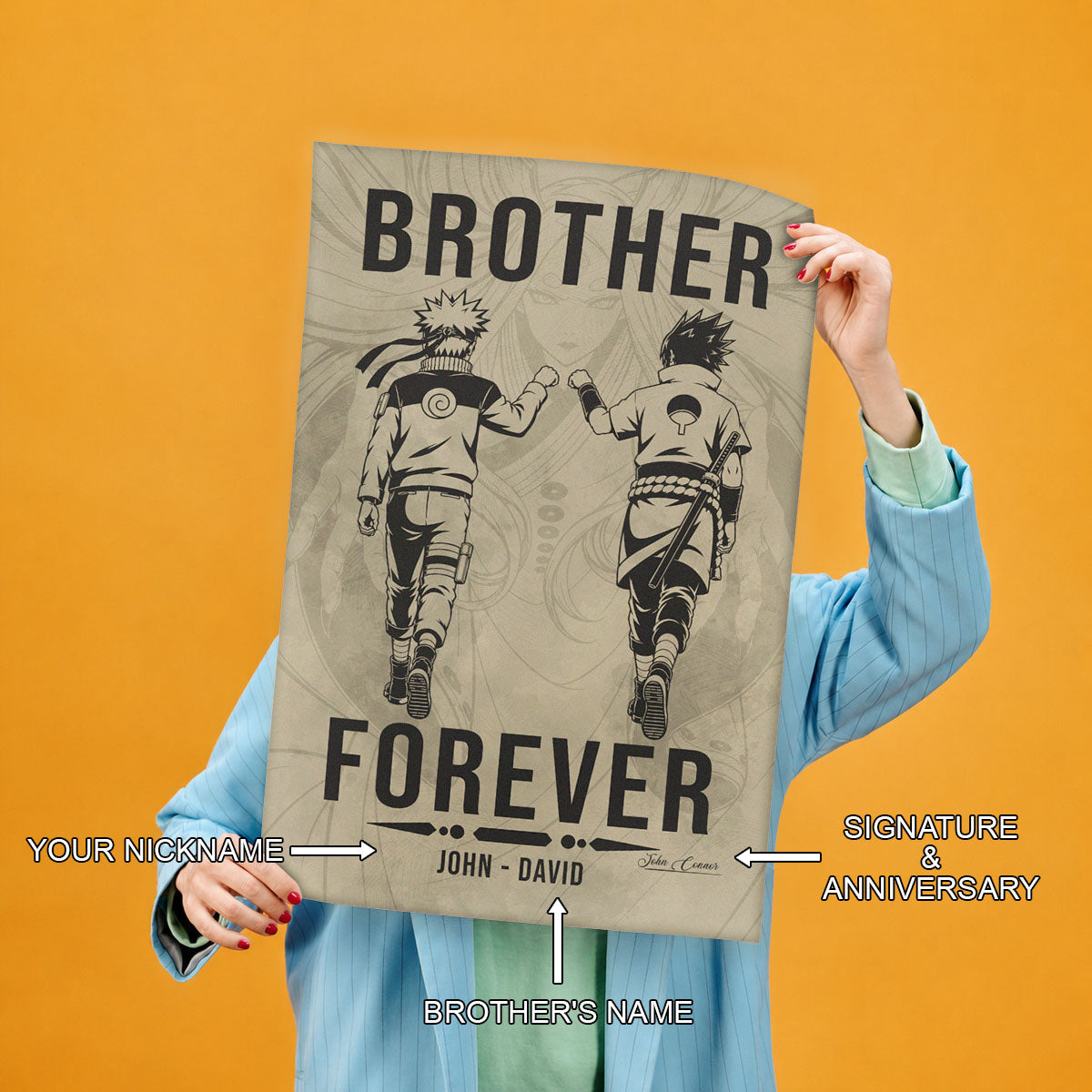 Naruto Uzumaki & Sasuke Uchiha Canvas Wall Art - Brother Forever - Brotherhood Quote Poster & Framed Ready to Hang Living Room Man Cave Decor - NA003