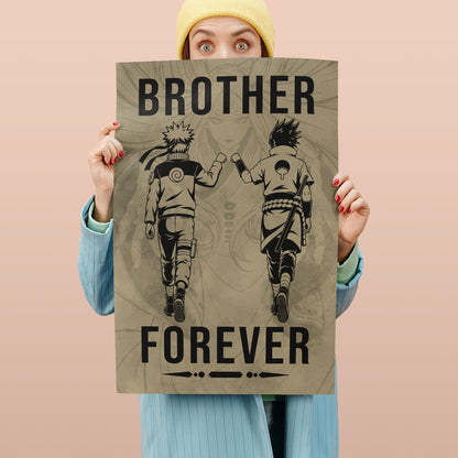 Naruto Uzumaki & Sasuke Uchiha Canvas Wall Art - Brother Forever - Brotherhood Quote Poster & Framed Ready to Hang Living Room Man Cave Decor - NA003