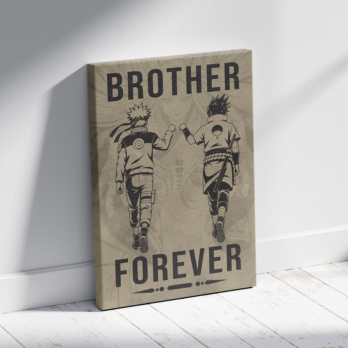 Naruto Uzumaki & Sasuke Uchiha Canvas Wall Art - Brother Forever - Brotherhood Quote Poster & Framed Ready to Hang Living Room Man Cave Decor - NA003