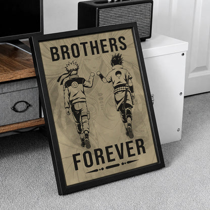 Naruto Uzumaki & Sasuke Uchiha Canvas Wall Art - Brothers Forever - Brotherhood Quote Poster & Framed Ready to Hang Living Room Man Cave Decor - NA004